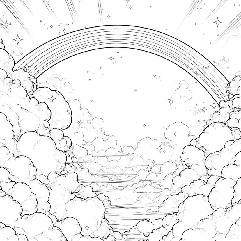 虹と雲のファンタジーの塗り絵