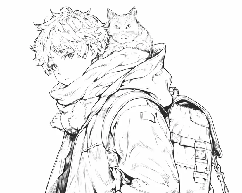 猫と少年の冒険の塗り絵