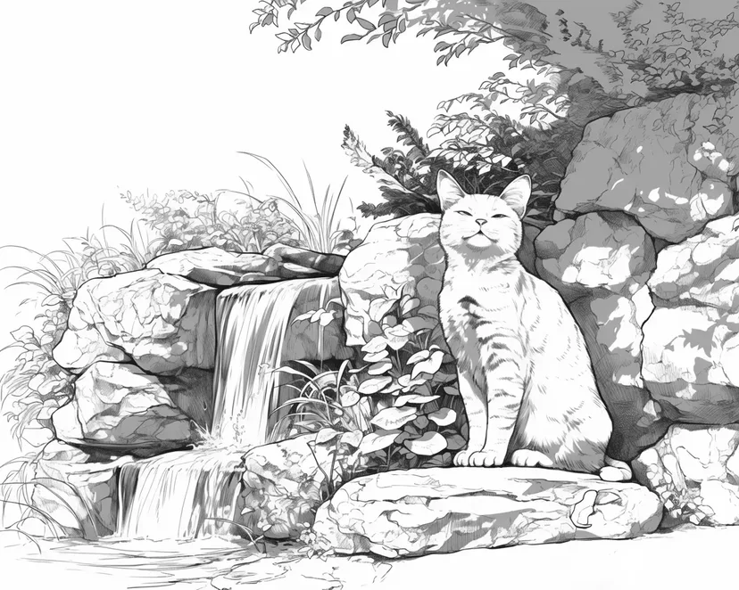 Dibujo de Gato junto a la Pequeña Cascada para colorear