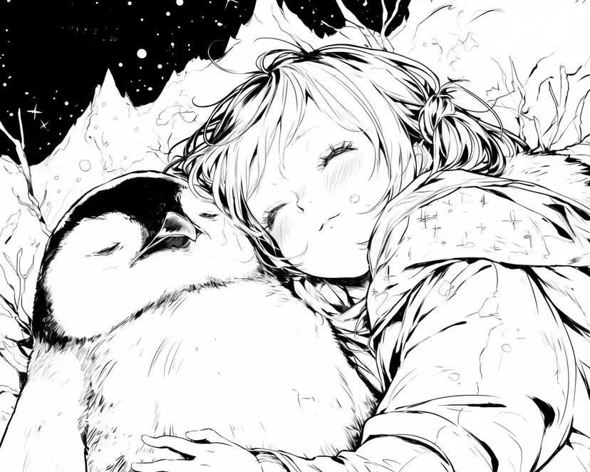Dibujo de Noche de Ensueño con una Niña y un Pingüino para colorear