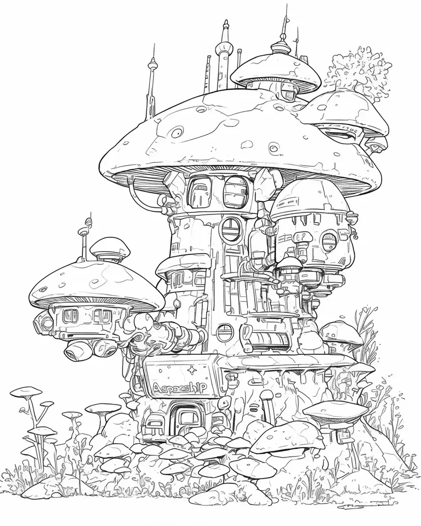 キノコの街の塗り絵