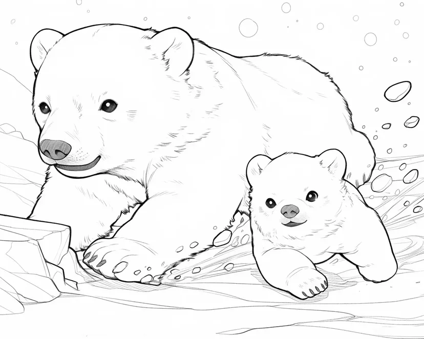 遊ぶホッキョクグマの親子の塗り絵