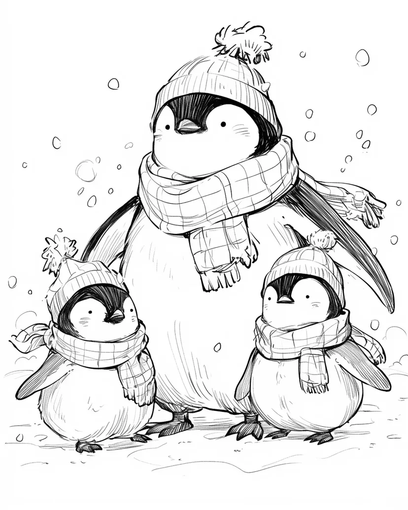 冬のペンギンファミリーの塗り絵