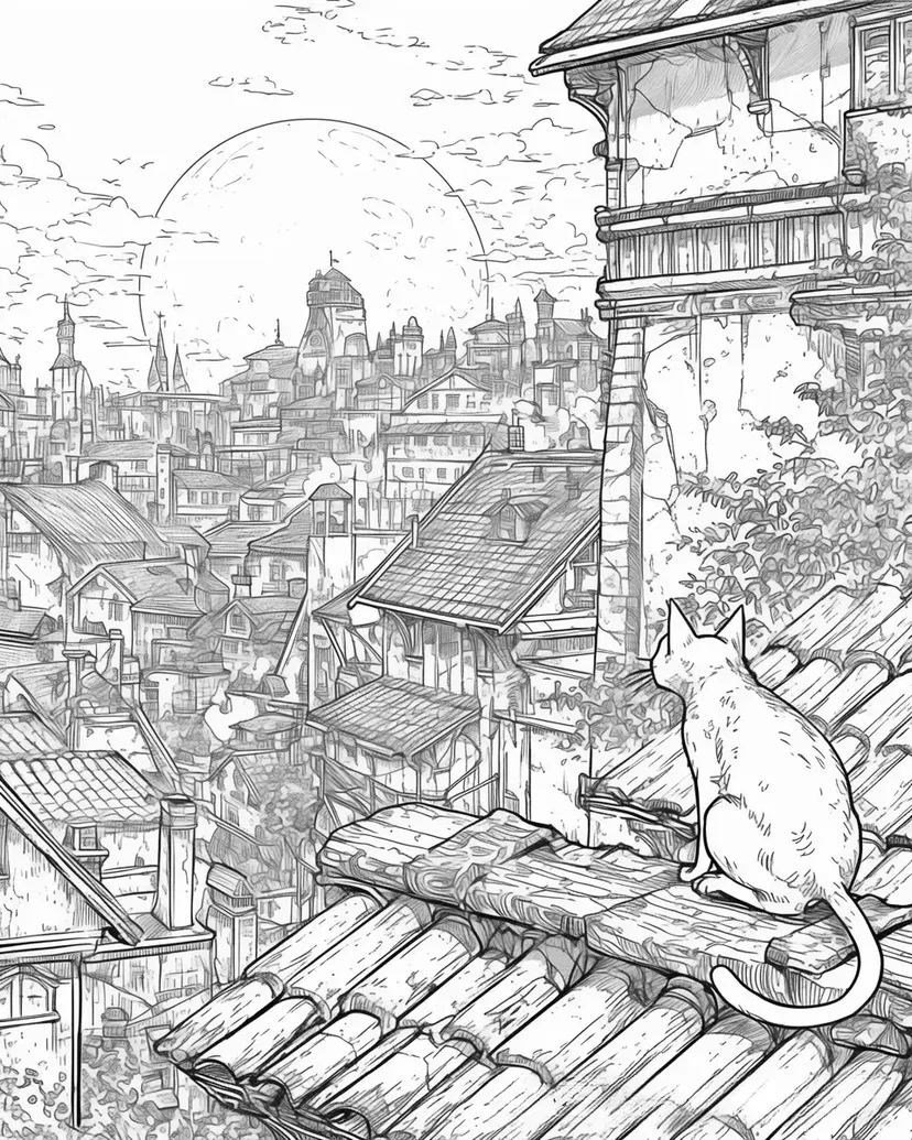 Dibujo de Gato Mirando la Ciudad Nocturna para colorear