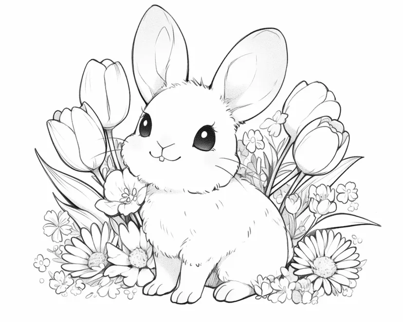 花に囲まれたかわいいウサギの塗り絵
