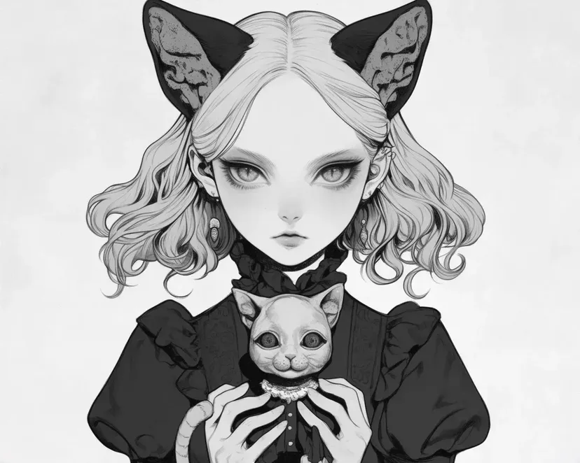 Dibujo de Chica con Orejas de Gato y Gato para colorear