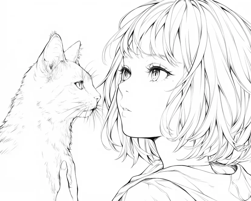 Desenho de Um Momento Tranquilo com uma Garota e um Gato para colorir