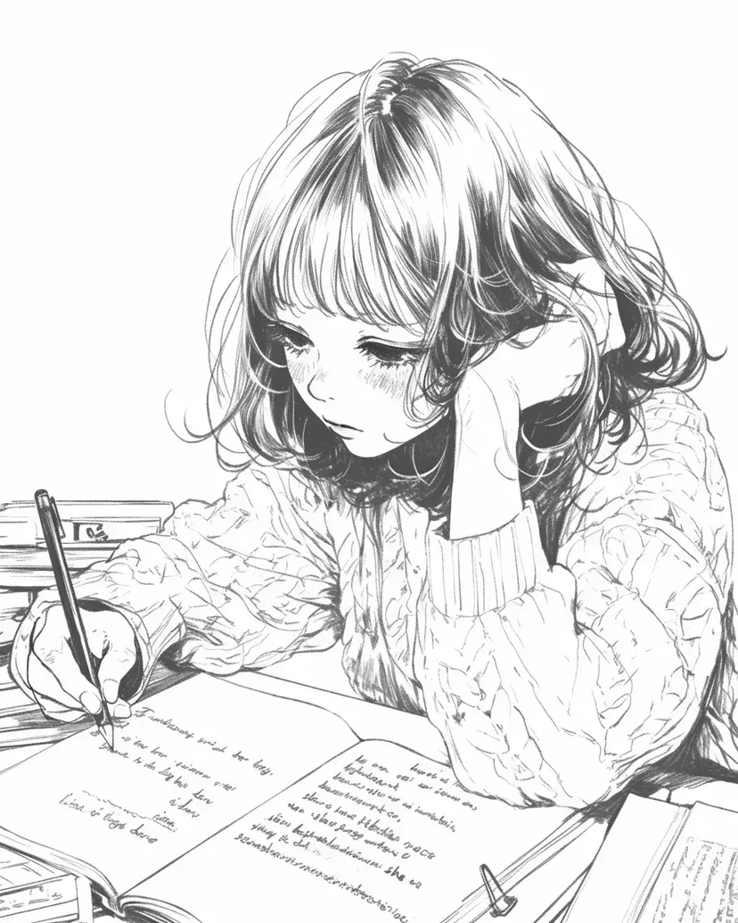 夢中でスケッチする少女の塗り絵