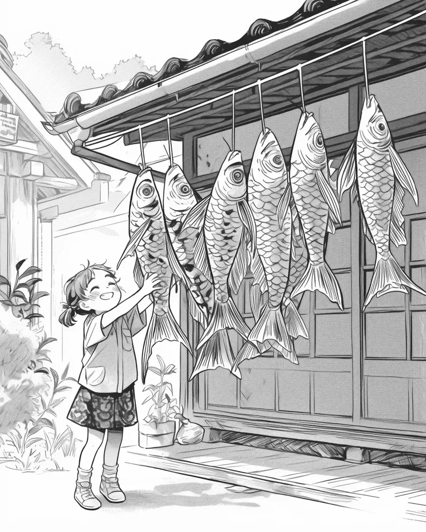 こいのぼりを飾る女の子の塗り絵