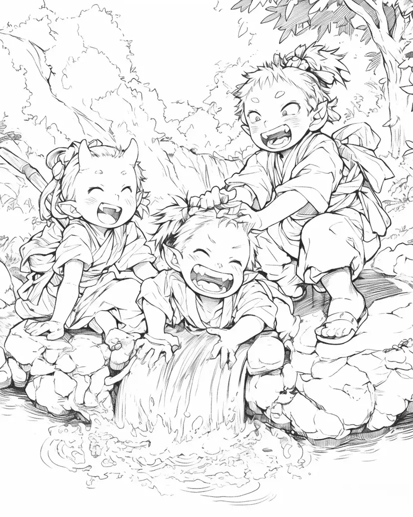 Dibujo de Pequeños Oni Jugando junto al Río para colorear