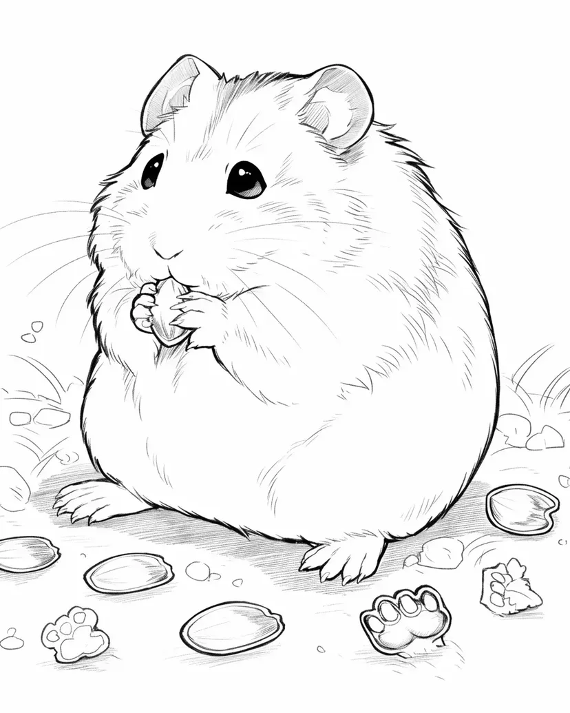 ぽっちゃりハムスターのおやつタイムの塗り絵