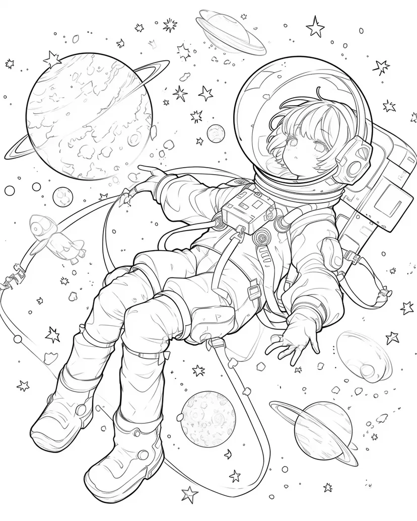 宇宙を旅する少女の塗り絵