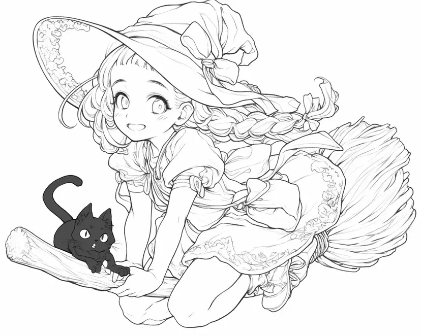小女巫和黑猫的冒险涂色页