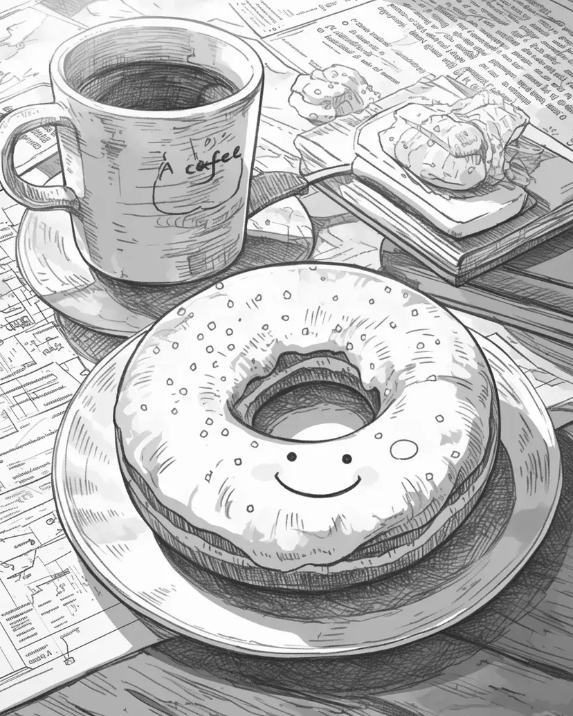 微笑むドーナツとコーヒーの塗り絵