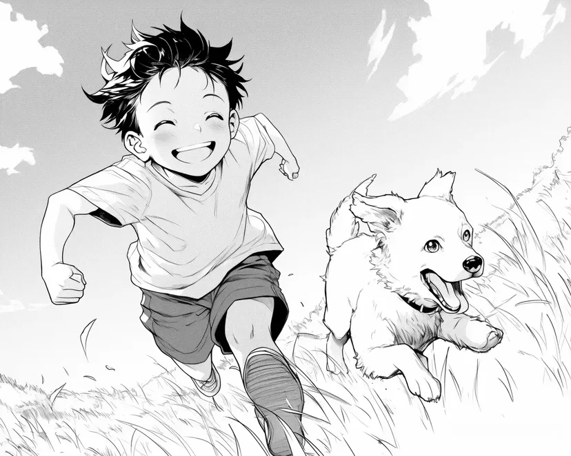 Desenho de Menino e Cachorro Correndo no Campo para colorir