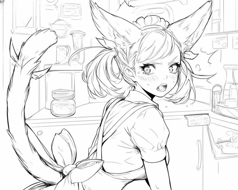 Dibujo de Chica con Orejas de Gato en la Cocina para colorear