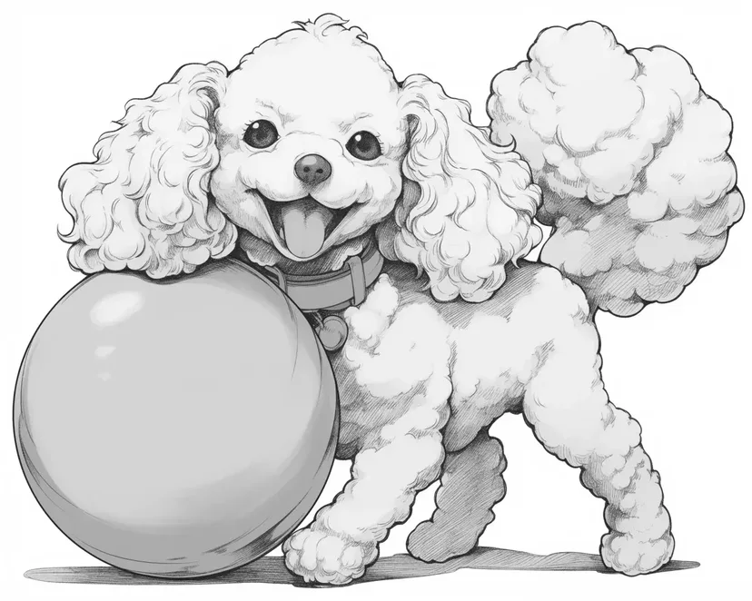 Dibujo de Caniche Alegre Jugando con una Pelota para colorear