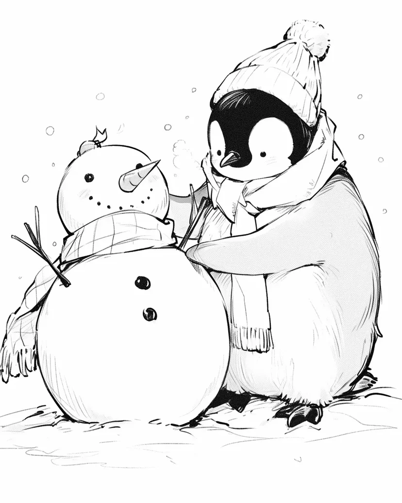 ペンギンと雪だるまの塗り絵