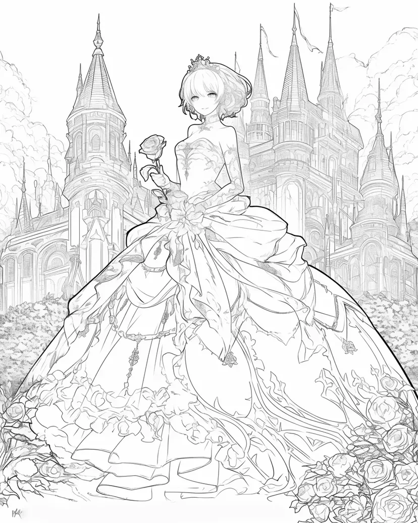 華やかな城と美しいドレスのプリンセスの塗り絵