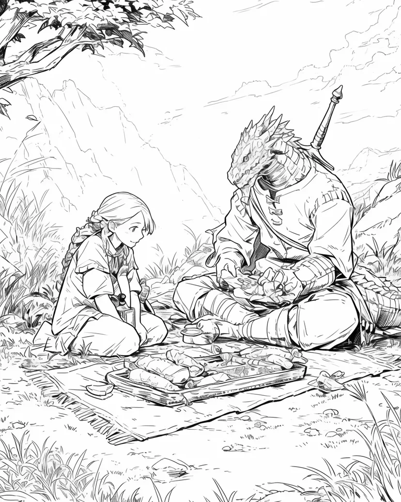 ドラゴンと少女のピクニックの塗り絵