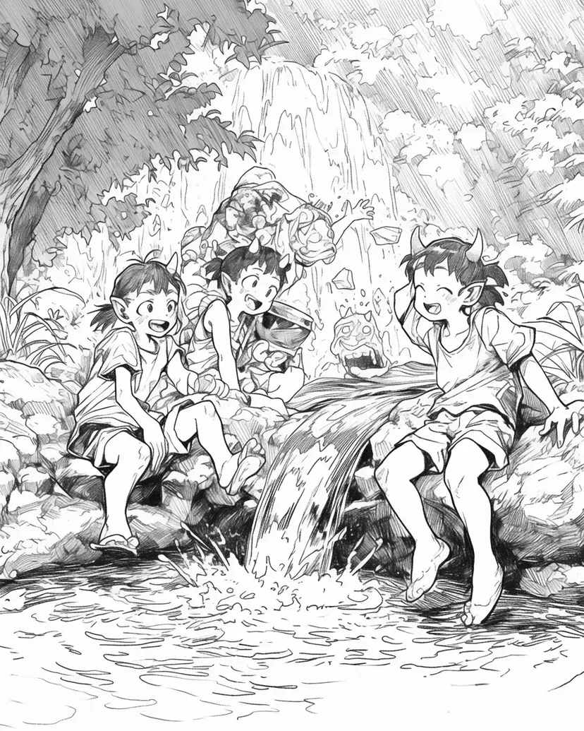 滝のそばで遊ぶ子供たちの塗り絵