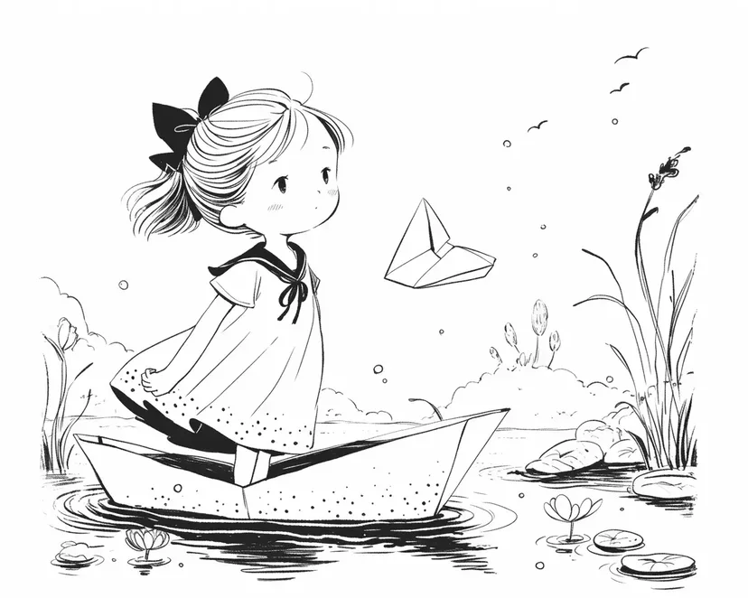 Desenho de Menina e o Barco de Papel para colorir