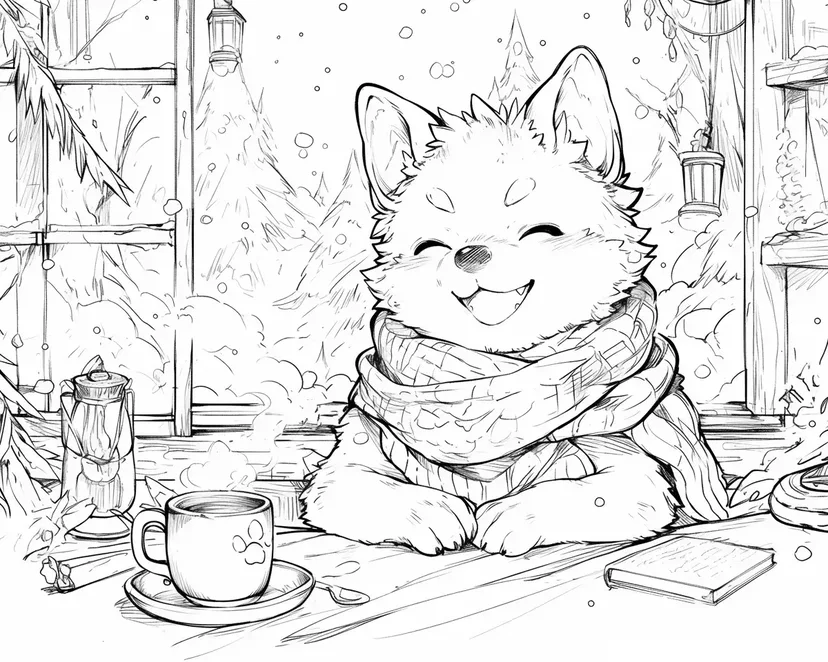 冬の朝の幸せな子犬の塗り絵