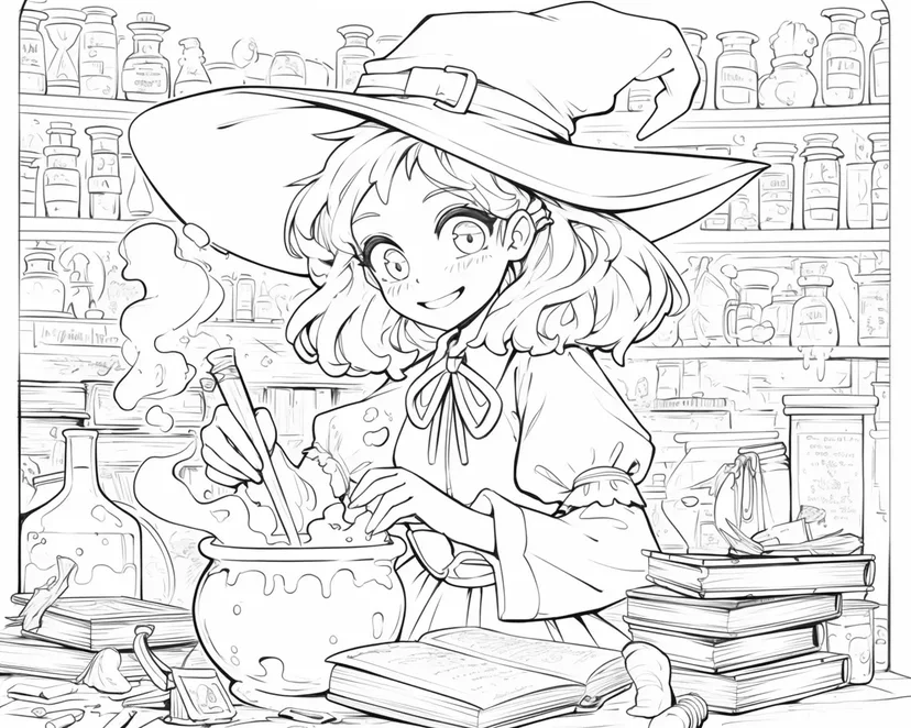 Dibujo de Pequeña Bruja Preparando Magia para colorear
