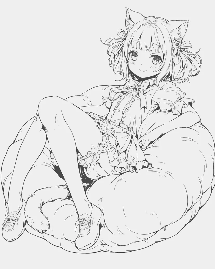 ふわふわクッションと猫耳の少女の塗り絵