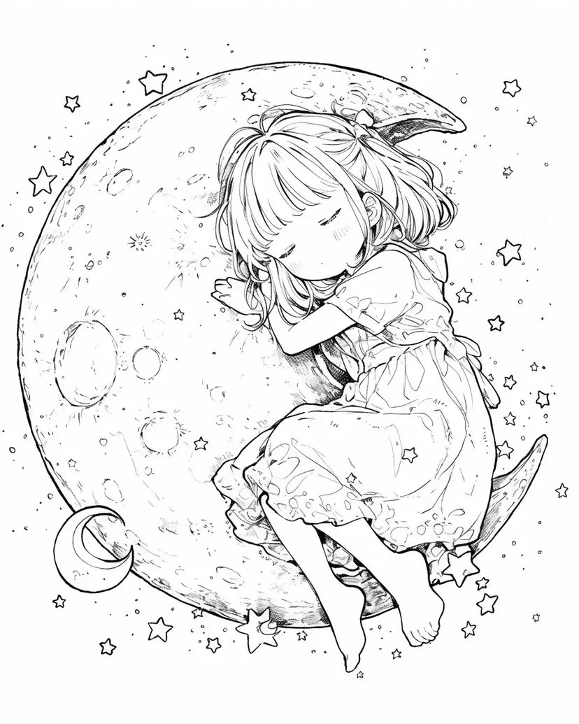 月に抱かれて眠る少女の塗り絵
