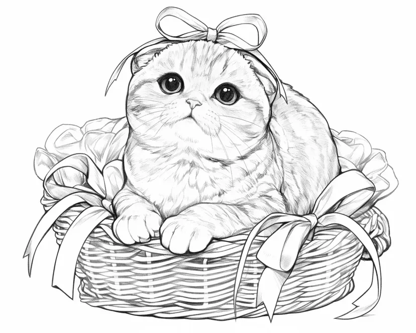 Desenho de Gato Fofo com Fita para colorir