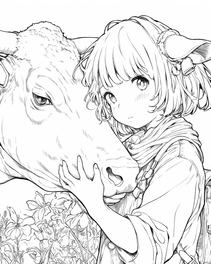 Desenho de Amizade entre uma menina e uma vaca para colorir