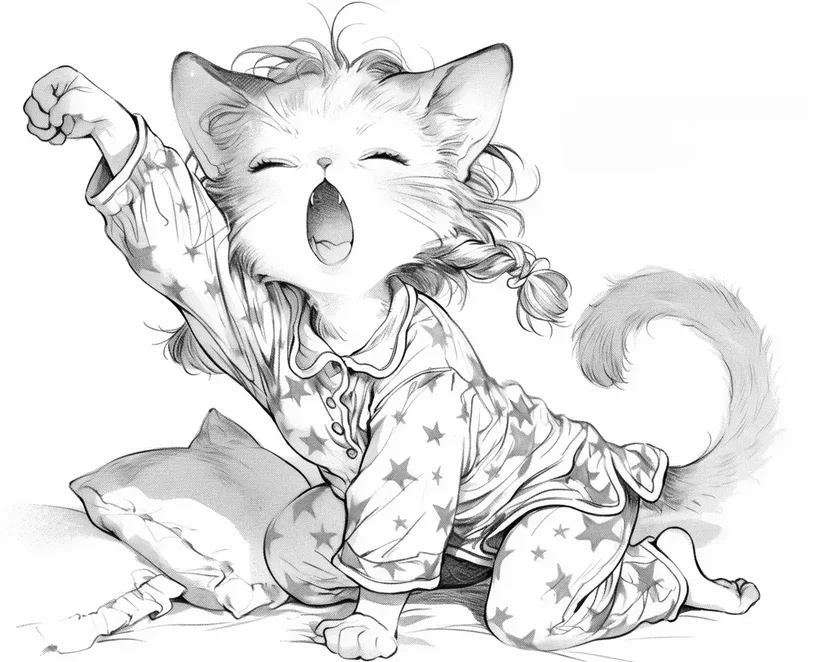 困倦的猫咪早晨涂色页