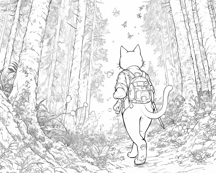 Desenho de A aventura do gato na floresta para colorir