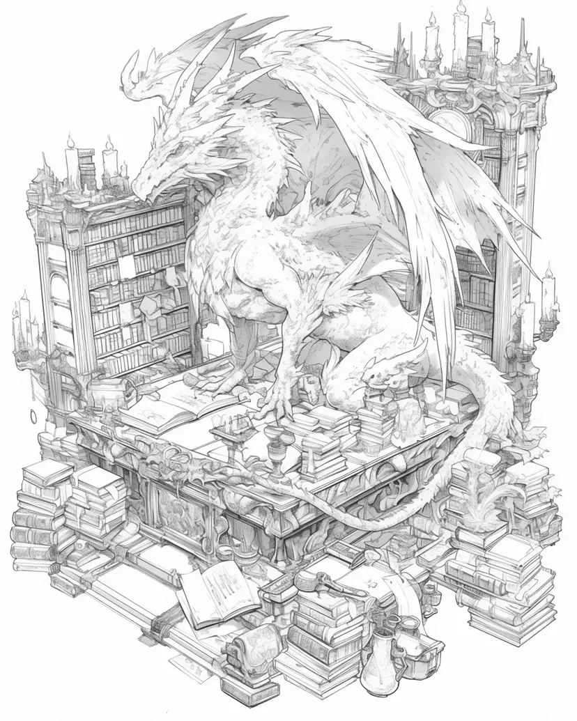 Coloriage Dragon dans la Bibliothèque Ancienne