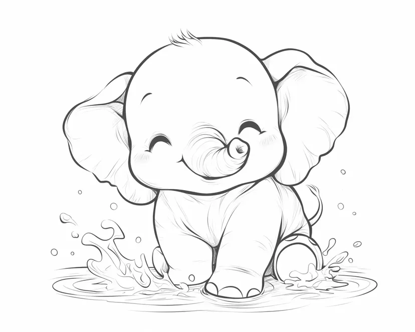 Dibujo de Bebé Elefante Jugando en el Agua para colorear