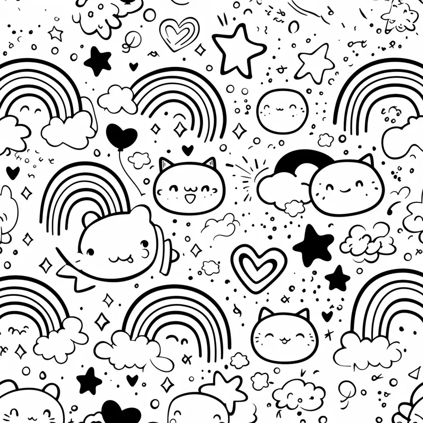 かわいい虹と雲のパターンの塗り絵