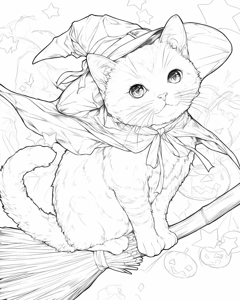 魔女の帽子をかぶった猫の塗り絵