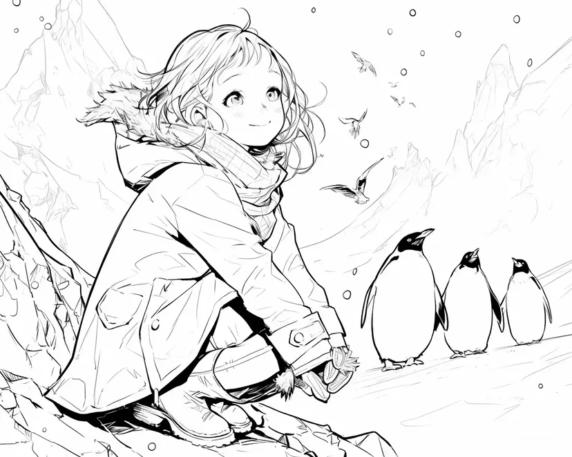 ペンギンと少女の冬の冒険の塗り絵