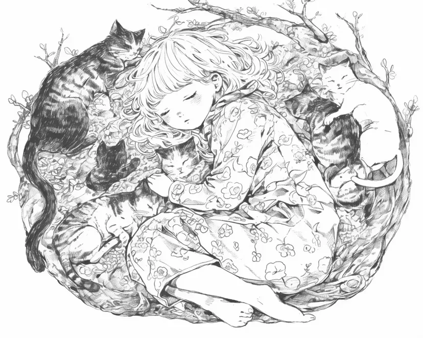 Dibujo de En el Sueño con Gatos para colorear
