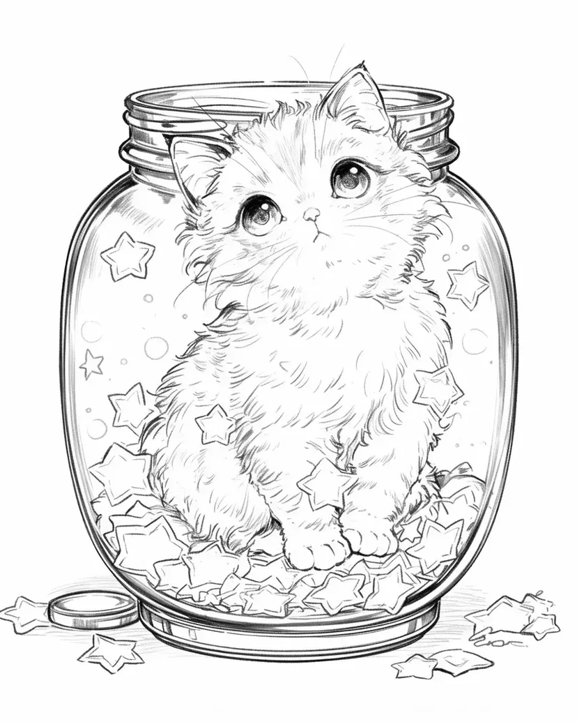 Gambar mewarnai Anak Kucing di Toples Bintang