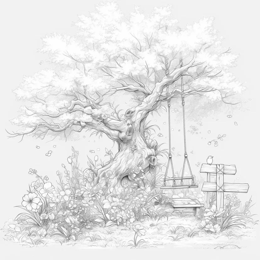 大きな木とブランコの塗り絵