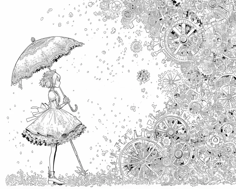 歯車の雨と少女の塗り絵