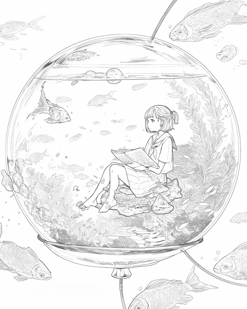 透明な水槽の中の少女の塗り絵