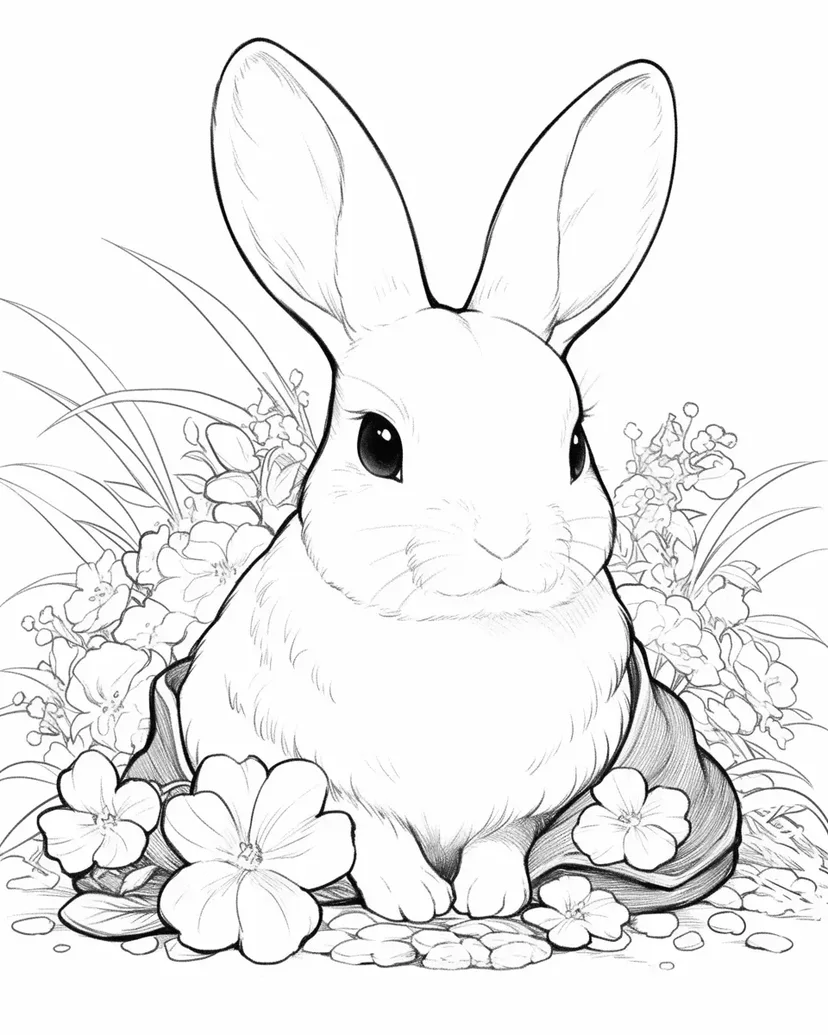 花に囲まれたふわふわうさぎの塗り絵