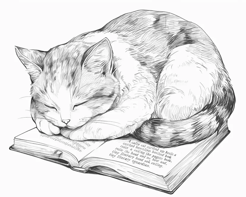 Cat Sleeping on a Book coloring page