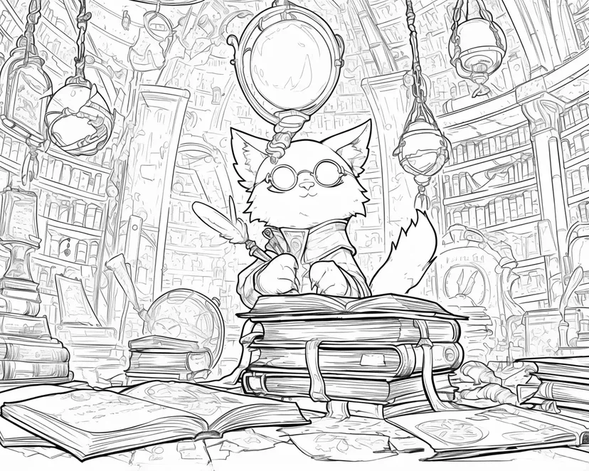 Dibujo de Gato en la Biblioteca Mágica para colorear