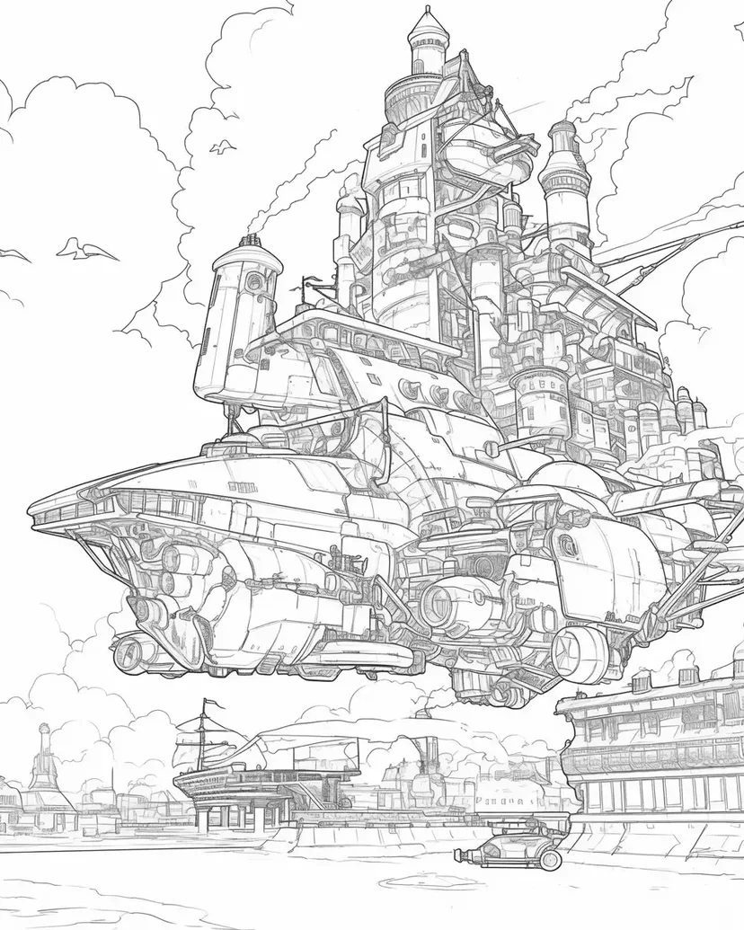 Steampunk Castle in the Sky coloring page