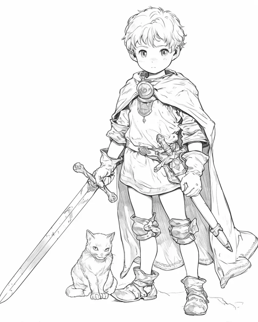 Brave Boy and Cat coloring page