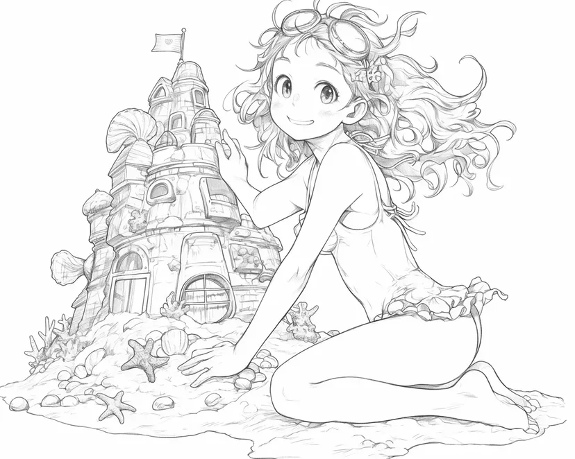 Dibujo de Castillo de Arena y Chica para colorear